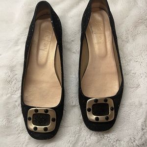 Fsny black suede flat shoe with gold buckle and gold glitz
